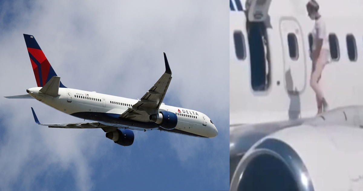 Two passengers open the door of the flying plane.