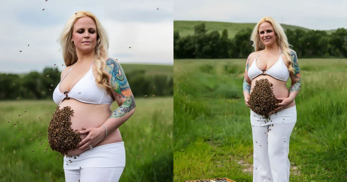 Photoshoot of a pregnant woman with 10,000 bees in her womb.