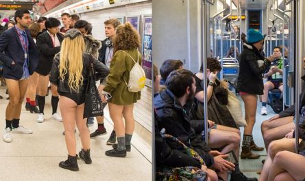 Boys and girls without pants in train