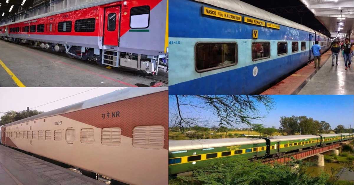 Why are train coaches made in red, blue and green colours I know the reason