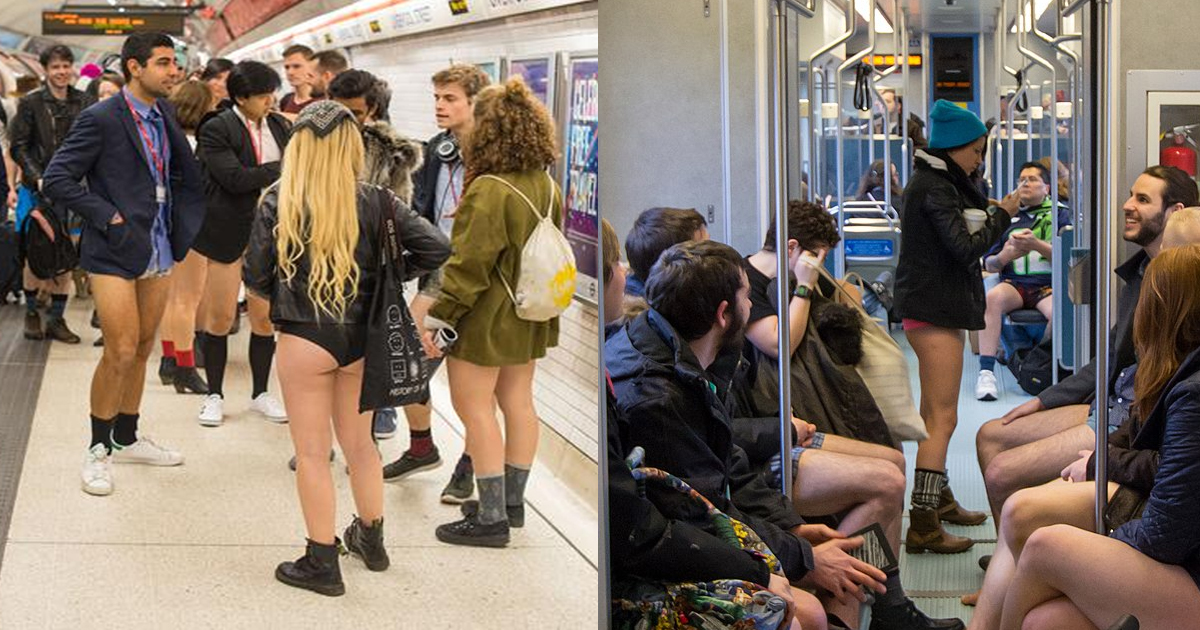 Boys and girls without pants in train